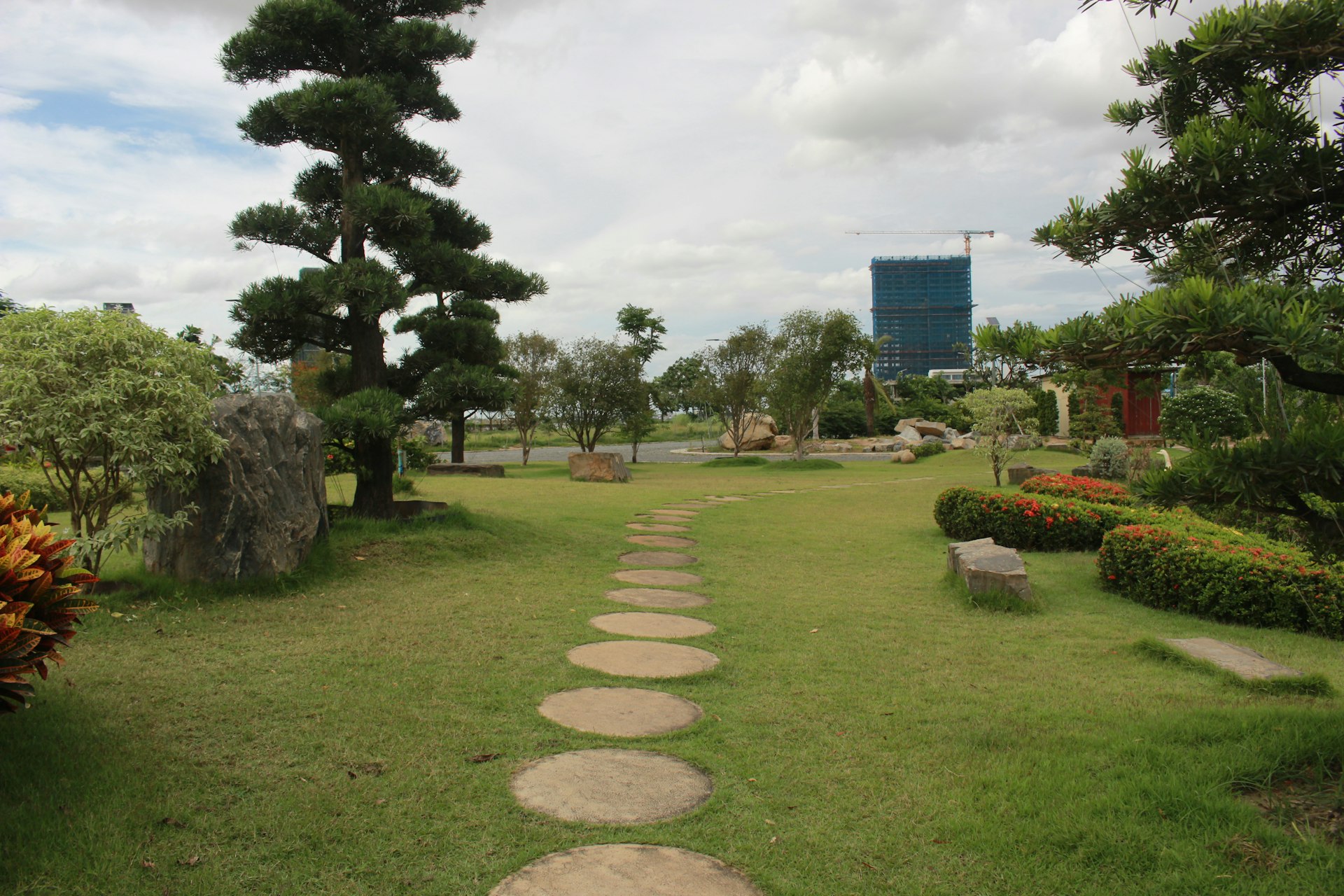 a garden with a stone path